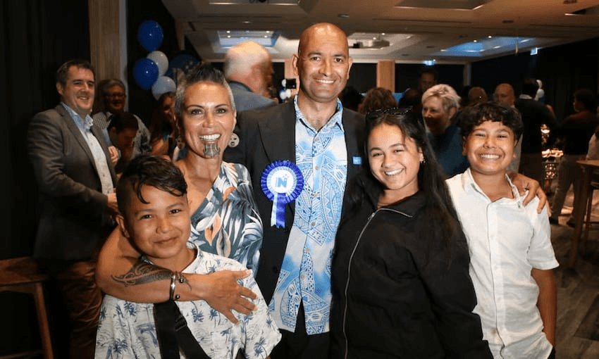 New MP for Hamilton West Tama Potaka with his family at the election-night party (Photo: Anneke Smith/RNZ) 
