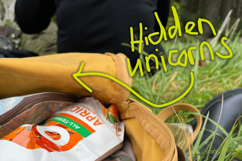 My open backpack sitting in the grass with my gear in it. Out of sight and away from my food is my period pack.