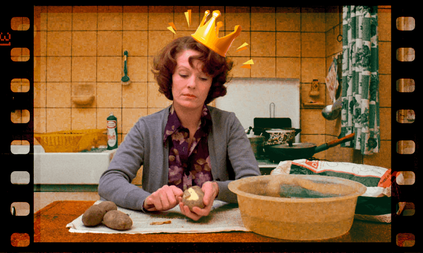Congratulations, Jeanne Dielman (Image shows actress Delphine Seyrig as Jeanne Dielman in the film of the same name; additional design by Tina Tiller/The Spinoff) 
