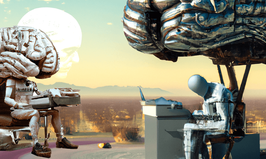 ‘A photo of a giant brain robot writing an article in a dystopian landscape’ (Image: Archi Banal / DALL-E) 
