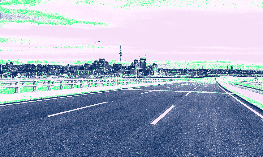 Auckland in shades of green and pink, roads completely empty nd therefore unrealistic. (you're not in traffic, remember, you ARE the traffic)