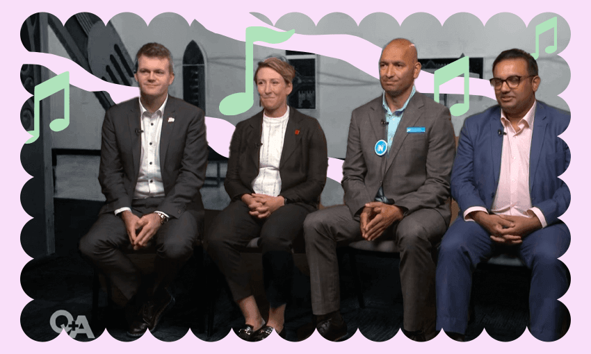 Hamilton West byelection candidates James McDowall (Act), Georgie Dansey (Labour), Tama Potaka (National) and Gaurav Sharma (independent) at the Q&A debate (Screengrab) 
