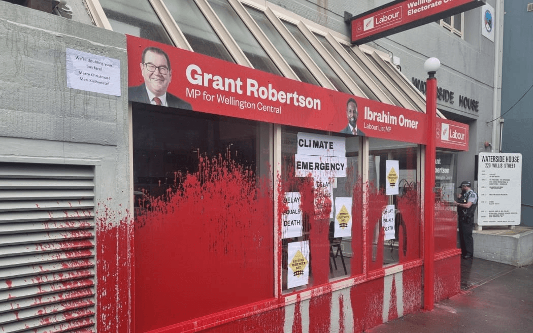 Electorate offices of government ministers, including Deputy Prime Minister Grant Robertson, were targeted in the protest. (Photo: RNZ / Hamish Cardwell) 
