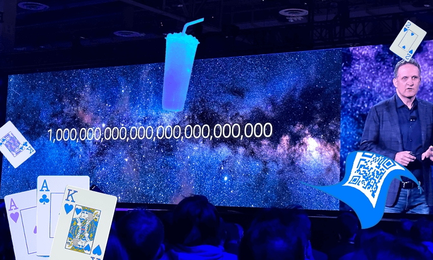 Amazon Web Services CEO Adam Selipsky and his very large number at Re:Invent. (Photo: Chris Schulz, additional design: Tina Tiller) 
