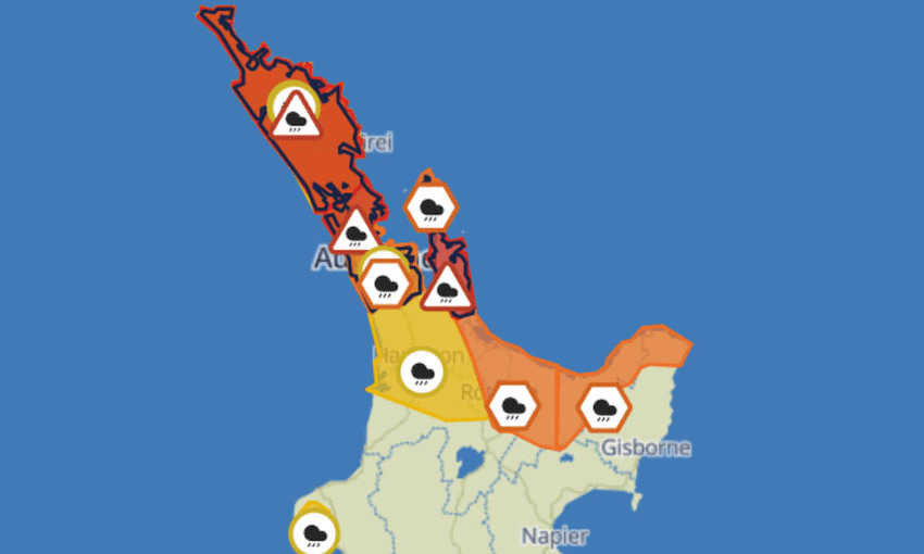 A CDEM map showing current red and orange heavy rain warnings 
