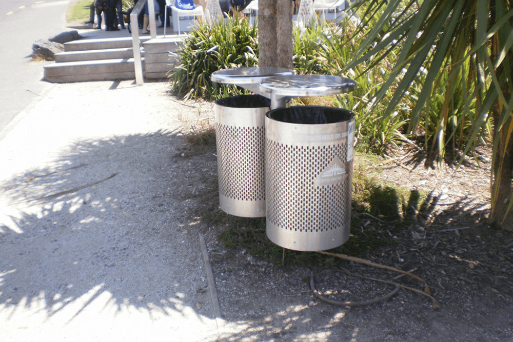 An ordinary New Zealand beach bin, a rather small stainless steel cylinder.