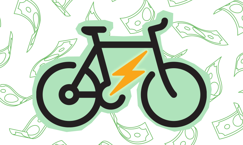 Gif of an e-bike with lightning as the pedal with a background of money notes.