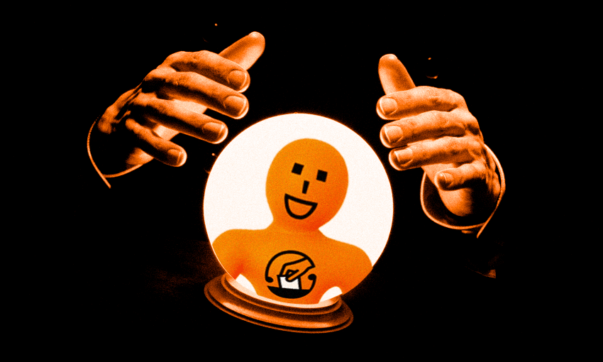 hands hovering over a crystal ball with the election Orange Guy in it