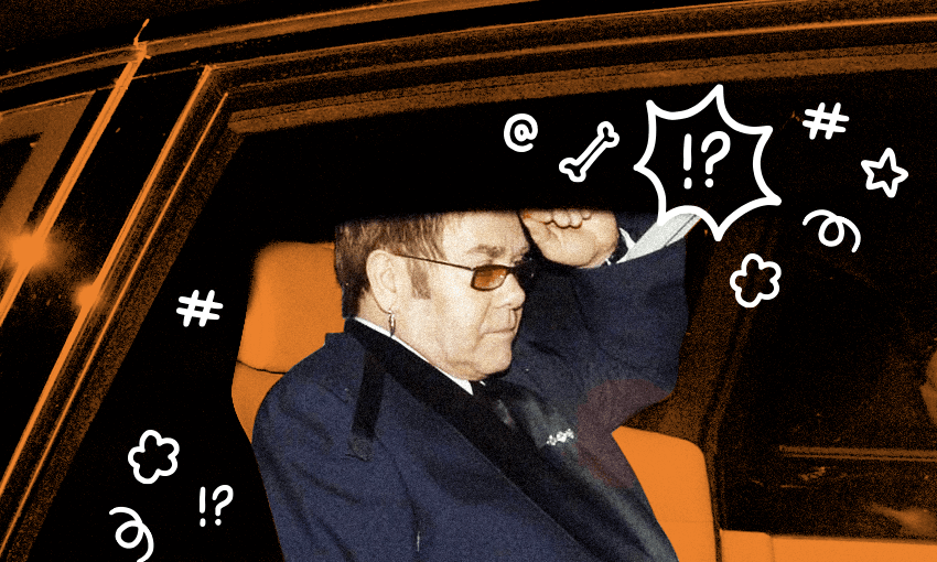 Elton John stuck in traffic on Great South Road (Photo: Getty Images / Design: Archi Banal) 
