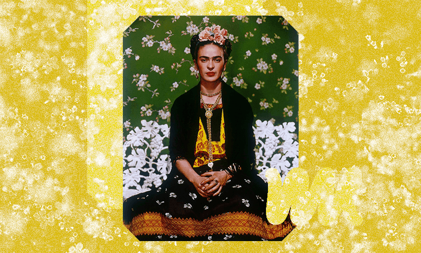 Nickolas Muray ‘Frida Kahlo on Bench #5’ 1939. The Jacques and Natasha Gelman Collection of 20th Century Mexican Art and the Vergel Foundation. © Nickolas Muray Photo Archives (Additional design: The Spinoff) 
