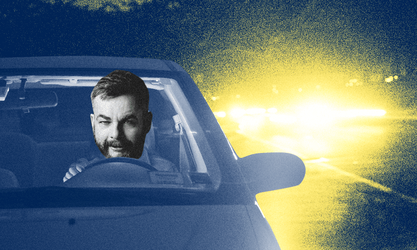 An artist’s impression of Marcus Lush broadcasting live from SH1 (Image: Archi Banal)