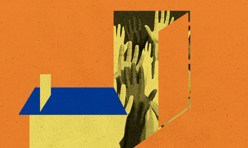 orange backgroun, a house and an open door showing lots of hands raised behind it