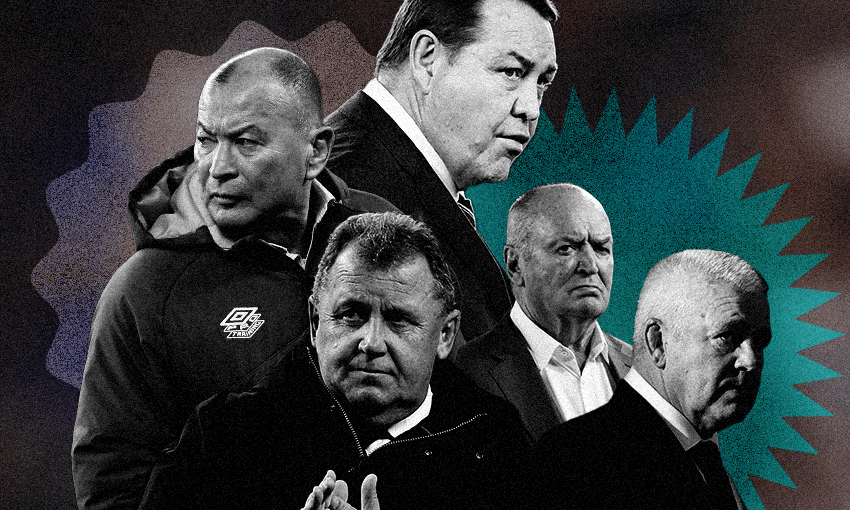 Rugby’s gatekeepers: (L-R) Eddie Jones, Ian Foster, Steve Hansen, Graham Henry, Warren Gatland (Photos: Getty Images / Design: Archi Banal) 
