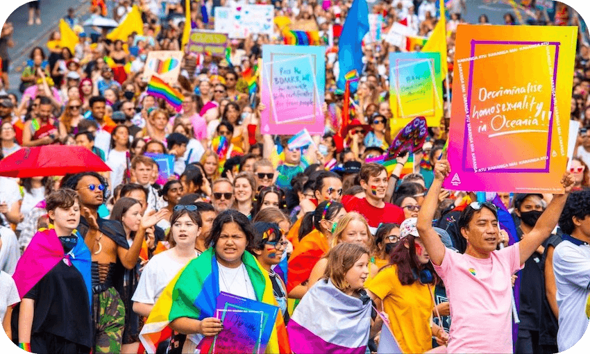 A segment of 2021’s Pride March filling Victoria Street East. (Photo: Sam Sutherland) 
