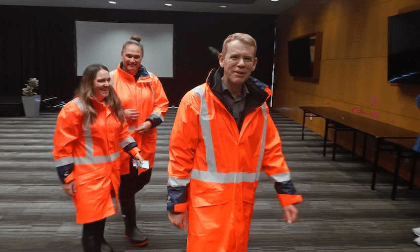Chris Hipkins and Carmel Sepuloni leave a press briefing during Cyclone Gabrielle (Image: Toby Manhire) 
