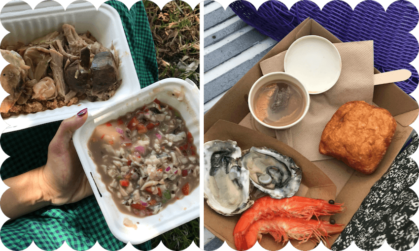 Left: Hāngi and kutai at Tuesday’s pōwhiri. Right: Half shell oysters, prawns, a kina shot and fry bread on the first day of Te Matatini. (All photos: Charlotte Muru-Lanning) 
