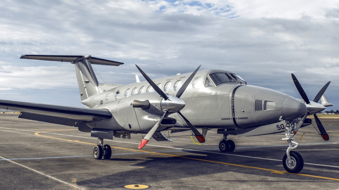 The prime minister’s ride to Wellington through Cyclone Gabrielle, a n NZDF twin-engine King Air 350. 
