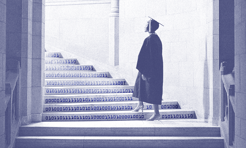 slightly spooky vibe of a woman in a academic gown walking up stairs made of code