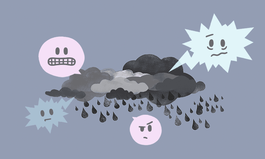 raining illustrated stormclouds surrounded by worried faces