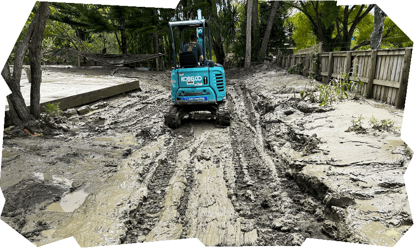 Diggers clear the mud at Amy Spence’s home. (Photo: Supplied / Design: Archi Banal) 

