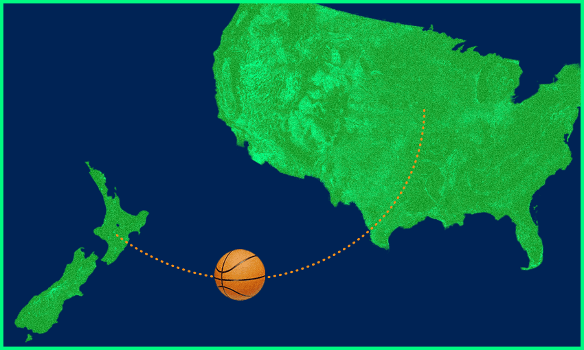 A basketball flying between New Zealand and the USA.