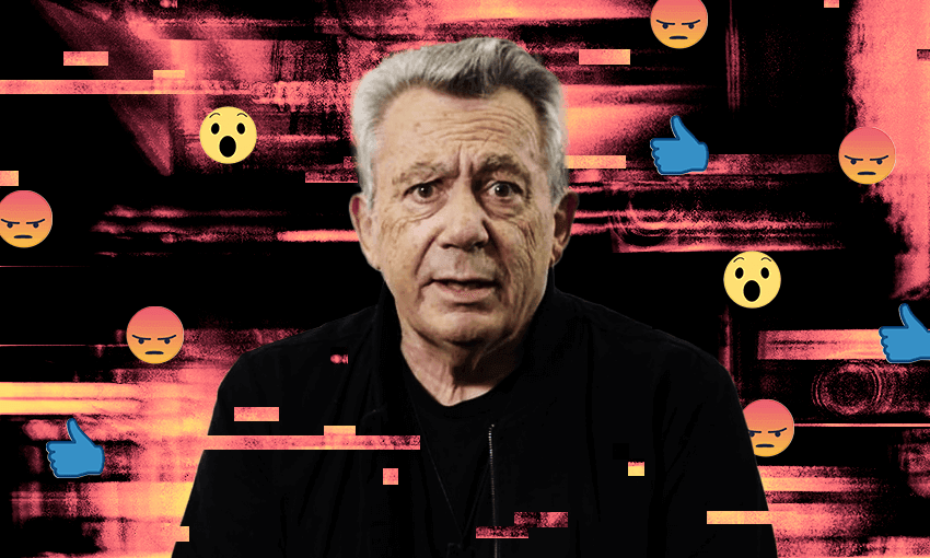 rob campbell an older white man looks shocked surrounded by emojies and a slightly intense pixelated red background