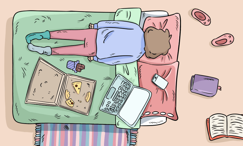 person lying facedown on bed surrounded by laptop, pizza, books, shoes. quite messy, pastel colours, cute comics vibe
