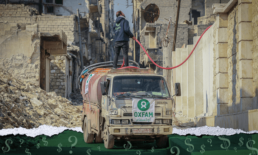 Oxfam humanitarian staff deliver water to shelters in Aleppo, Syria.
