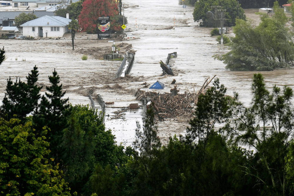 Near Napier, the Waiohiki bridge and surrounds are  inundated by the Tutaekuri River. Photo: Getty 
