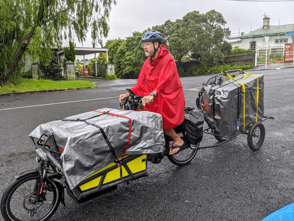 Dean Adam with a very full load on his trailer and in his cargo bike tray.