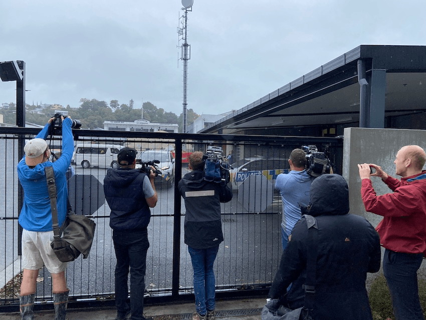 Media try to get comment from the PM at Napier police station (Photo: Stewart Sowman-Lund) 
