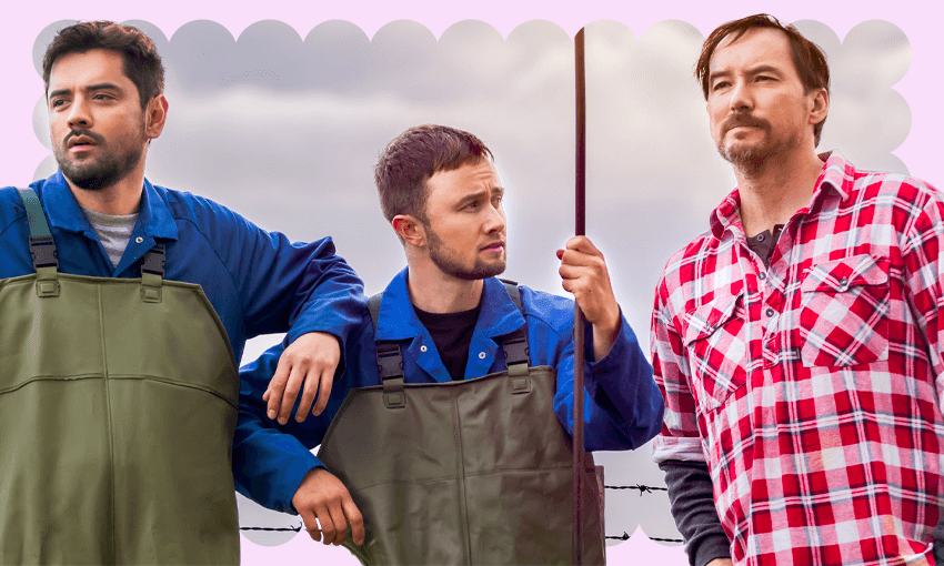 Liam Coleman, Elz Carrad and Cohen Holloway in the second season of Rūrangi. (Photo: Sky, Image Design: Tina Tiller) 
