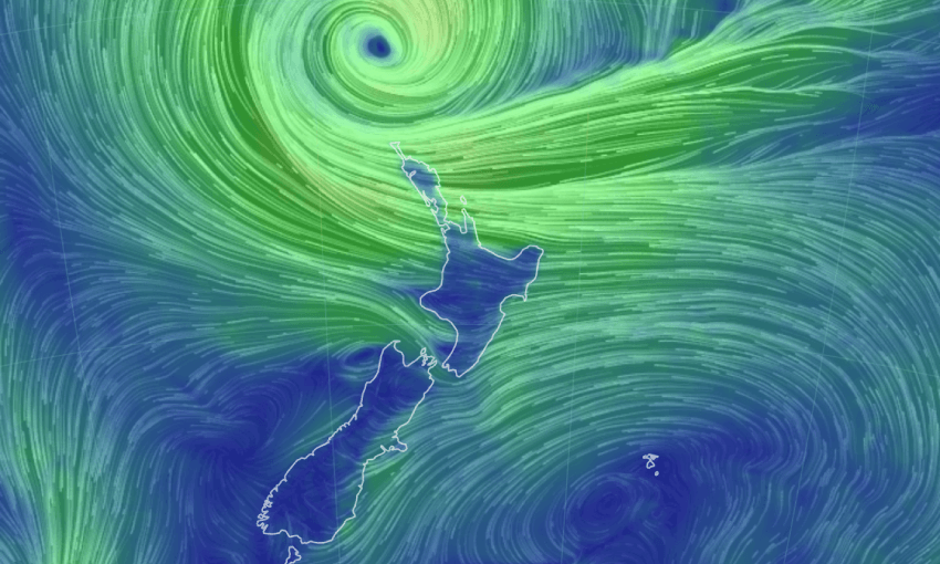Cyclone Gabrielle barrels towards Aotearoa in February 2023 (via earth.nullschool.net) 
