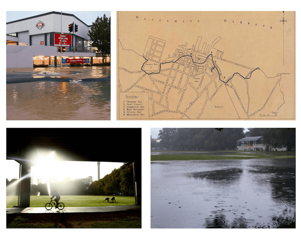 A collage of flooding in Freemans, compared to the old shoreline and the flooding sites when dry.