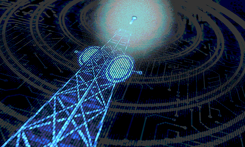 Cell network tower in a pixely gif radiating blue. looks both cool and a bit spooky!