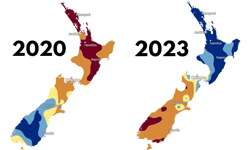 A map of rainfall in NZ over two summers (Maps: Chris McDowall) 
