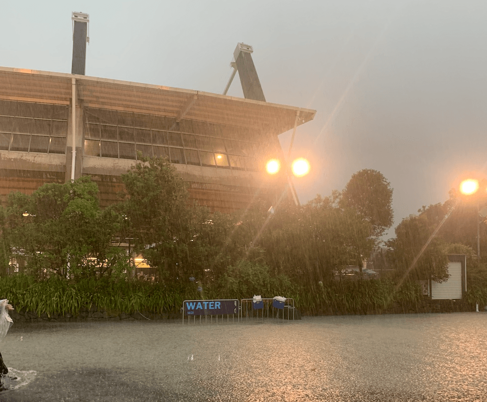 Rain outside Mount Smart Stadium.