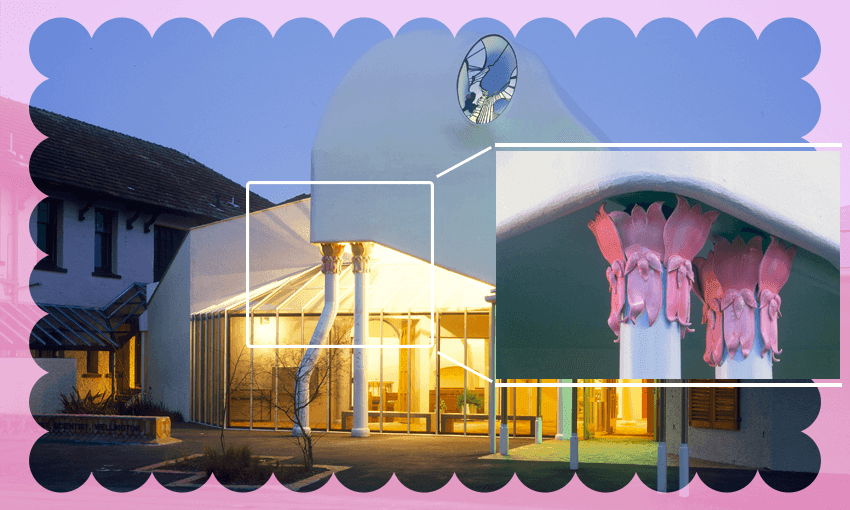 The pink flowers used to decorate these outdoor columns (Image: Athfield’s; additional design: Tina Tiller) 
