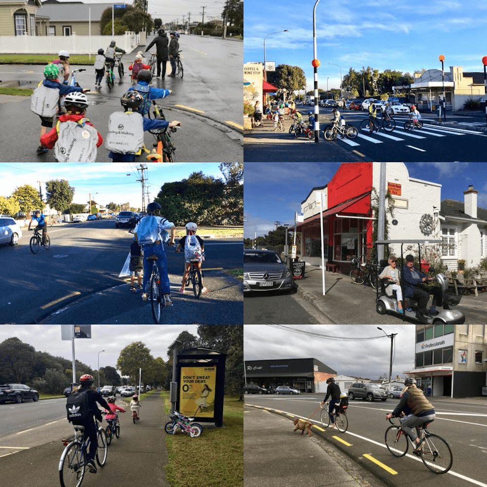 Examples of micro-mobility in Point Chevalier, including kids and parents being forced to illegally bike on the footpath.