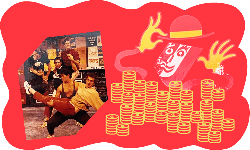 From the cover of the 1990 United Theatresports programme: (behind, left to right) Patrick Duffy, Geoff Dolan, John Hudson, (front) Kevin Smith carrying KC Kelly (Photo: Supplied / Design: Tina Tiller) 
