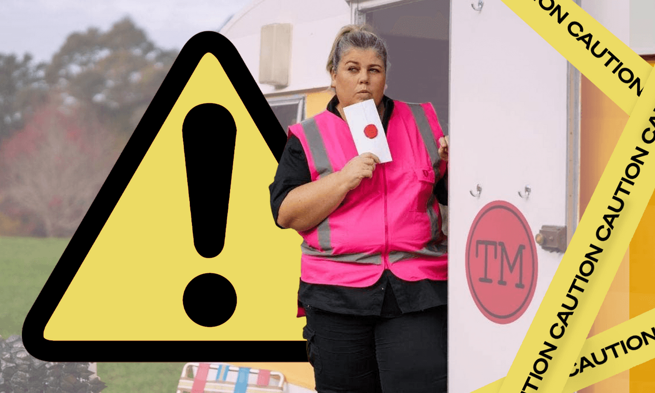 Taskmaster NZ contestant Urzila Carlson was left with a broken clavicle after a stunt went wrong (Photo: TVNZ, additional design: Bianca Cross) 
