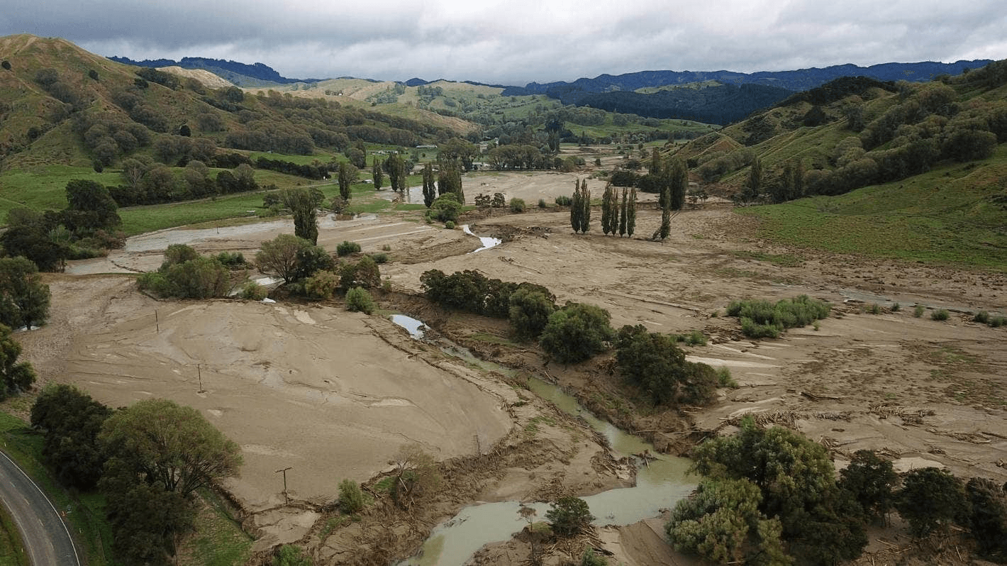 The Mangaheia river in the Tauwhareparae Valley, inland from Tolaga Bay, after cyclone Gabrielle. (Photo:  
