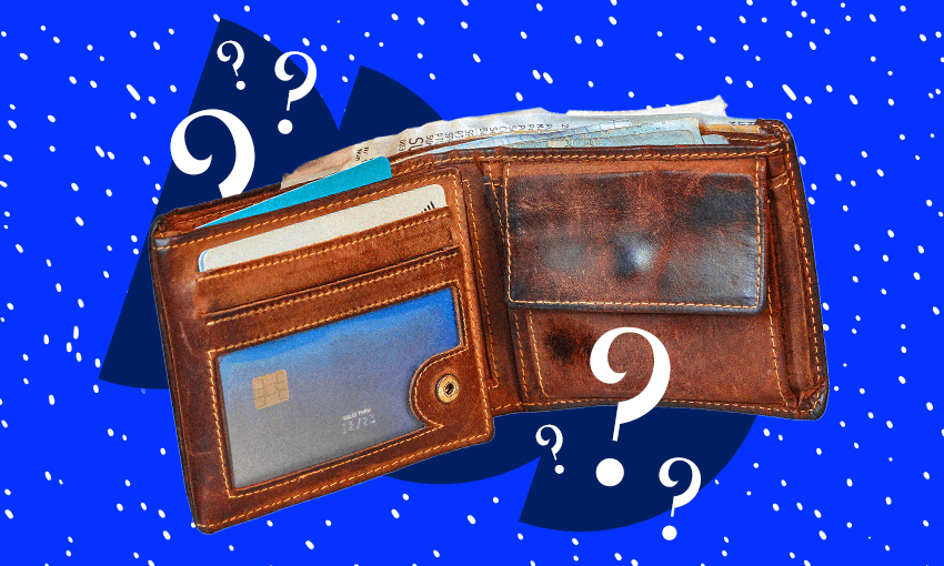 A brown leather wallet with cards and cash inside is surrounded by white question marks on a blue background with small white dots.