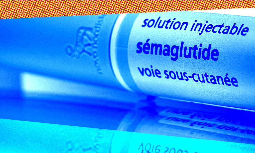 semaglutide box with french writing because that's what was available on getty, with a blue tint and stripe of orange so it's eyecatching