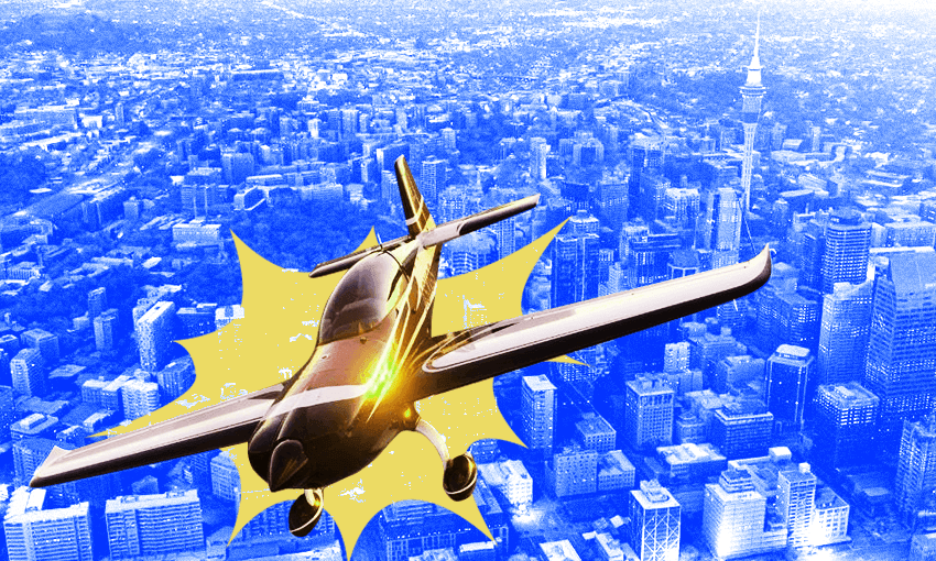 It’s not a bird, but it is a plane and that is also the Sky Tower, in Microsoft Flight Simulator. (Photo: Microsoft, Design: Tina Tiller)