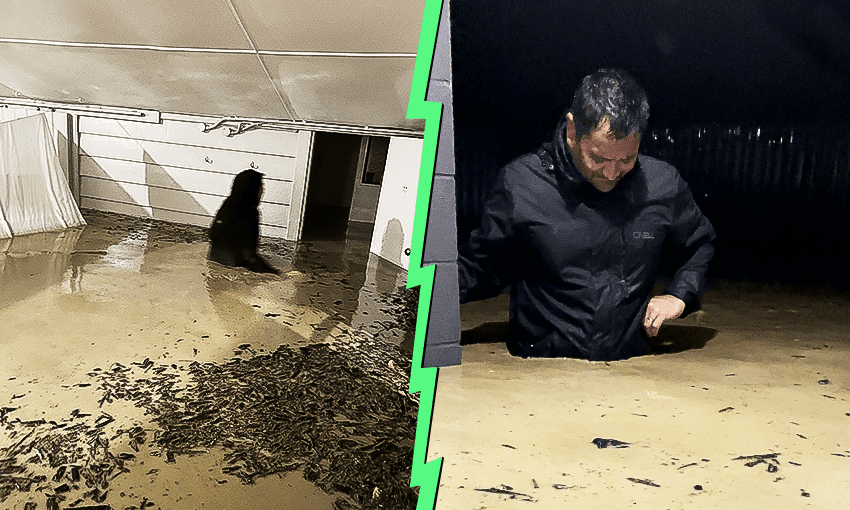 Rachel and Clint Daly wade through the floodwaters that inundated their Gisborne home during Cyclone Gabrielle. (Photo: Supplied / Treatment: Archi Banal) 
