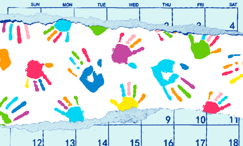 colourful handprints cover a blue calendar page with a rip down the middle