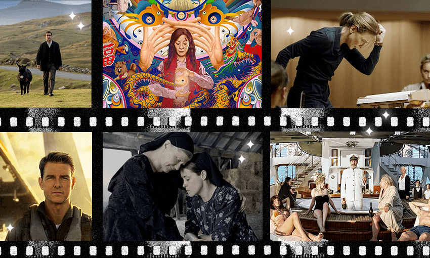 Clockwise from top left: The Banshees of Inisherin, Everything Everywhere All at Once, Tar, Triangle of Sadness, Women Talking, and Top Gun: Maverick. 
