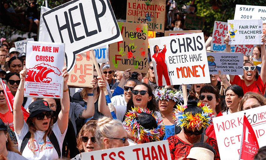 New Zealand teachers march in Wellington during the March 16 strike. (Image: Getty) 
