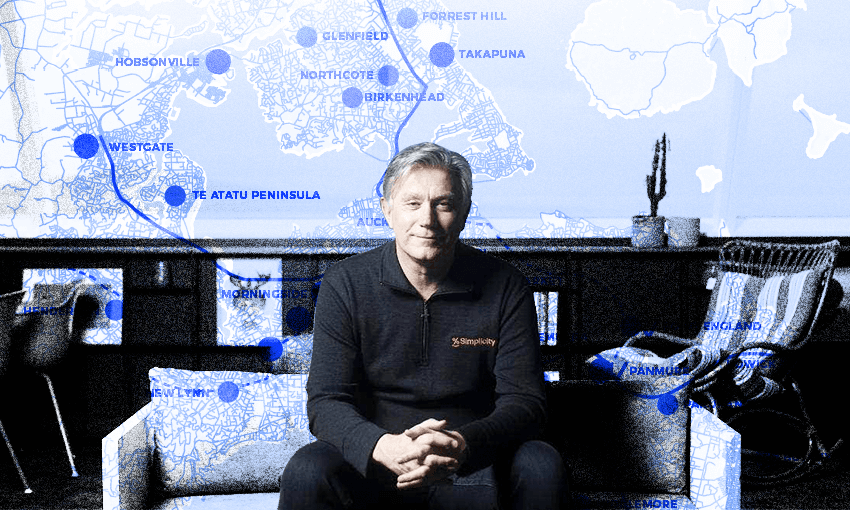 Sam Stubbs in front of a stylised map of Auckland (image: Archi Banal) 
